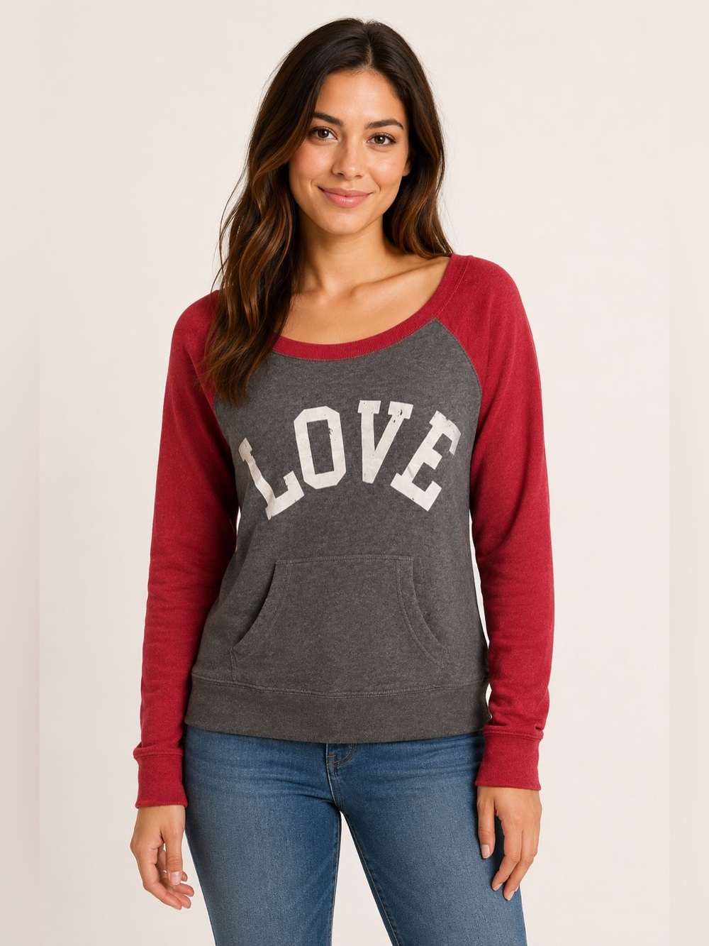 Green Sleeved Womens Small LOVE Sweatshirt Gray Red Raglan Kangaroo Pocket